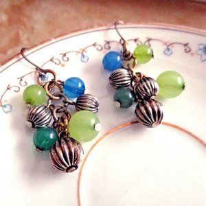 Silver Blue Green Glass Bead Dangle Earrings